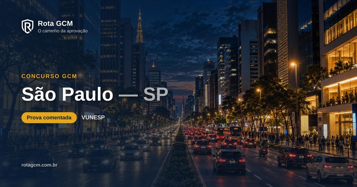 Avenida Paulista movimentada à noite, entre prédios iluminados, em São Paulo-SP, com o texto "Concurso GCM São Paulo — SP", o selo "Prova comentada" e a banca VUNESP